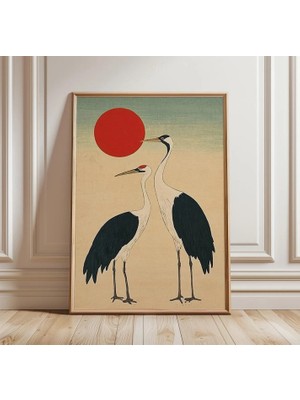 Ninastore Japon Turnası Posteri | Kırmızı Güneş Kuşu Sanat Baskısı | Minimalist Oryantal Duvar Sanatı | Zen