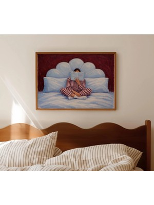 Ninastore Yatakta Kitap Okuyan Kadın Mavi Bordo Yağlı Boya Tablo Baskısı - Yatak Üstü Yatay Duvar Sanatı -