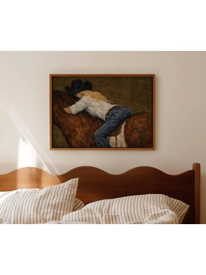Ninastore Minimalist Soyut At Üzerinde Kız Haki Yağlı Boya Tablo Baskısı - Yatay Çağdaş Duvar Sanatı - Elle
