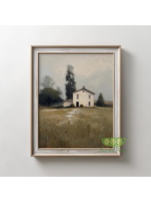Ninastore Vintage Çiftlik Evi Duvar Sanatı - Rustik Kırsal Manzara Yağlı Boya Tablo - Nötr Kırsal Ev