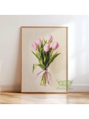 Ninastore Pembe Lale Buketi Duvar Sanatı - Botanik Çiçek Posteri - Yumuşak Romantik Çiçek Tablosu - Kır Evi