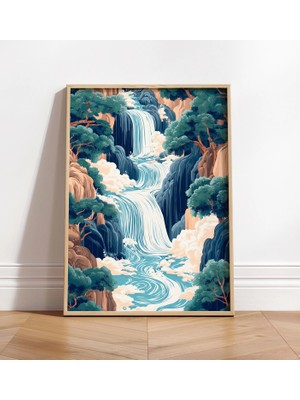 Ninastore Hokusai Ukiyo-E Japon Şelale Duvar Sanatı - Manzara Posteri - Mavi Yeşil Baskı - Japon Tarzı Ev