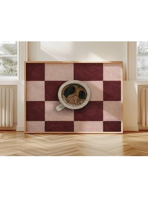 Ninastore Minimalist Espresso Kahve Yağlı Boya Tablo Baskısı - El Çizimi Mutfak Duvar Sanatı - Retro Pembe
