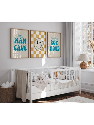 Ninastore Küçük Adamın Mağarası - Yaşasın Çocukluk - Hardal Mavisi Çocuk Odası - Kareli Çocuk Odası Posteri -