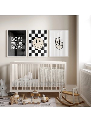 Ninastore Erkek Çocuklar Erkek Gibi Olur - Siyah Beyaz Bebek Odası - Kareli Bebek Odası Posteri - Erkek Bebek