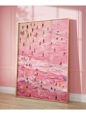 Ninastore Minimalist Soyut Küçük Sörfçüler Pembe Sanat Baskısı - Dokulu Kalın Boyalı Yüzücüler Tablosu Duvar