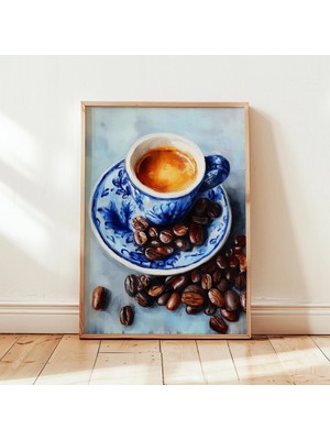 Ninastore Espresso Kahve Duvar Sanatı Baskısı - Kahve Çekirdekli Mavi Seramik Fincan Tablosu - Mutfak Kafe