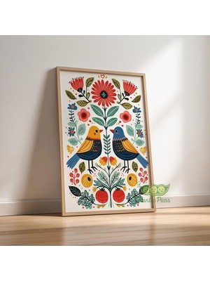 Ninastore Çerçeveli Iskandinav Halk Sanatı Kuş Baskısı - Vintage Botanik Duvar Sanatı - Modern Boho Poster -