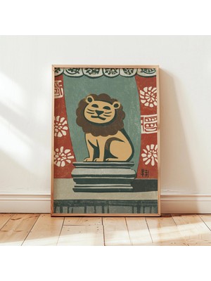 Ninastore Aslan Heykeli Illüstrasyonu - Vintage Tarzı Poster - Hayvan Temalı Dekoratif Sanat Eseri - Baskı