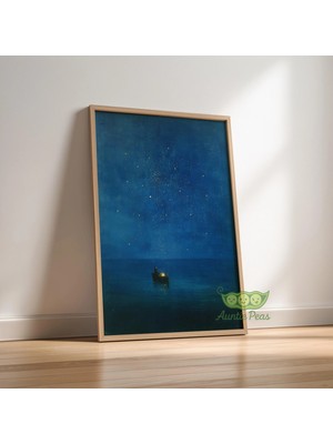 Ninastore Çerçeveli Gustav Klimt Gece Denizi Baskısı - Yıldızlı Tekne Tablosu - Rüya Gibi Mavi Okyanus Duvar