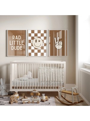 Ninastore Harika Küçük Adam - Kahverengi Çocuk Odası - Kareli Gülen Yüz Posteri - Erkek Bebek Odası