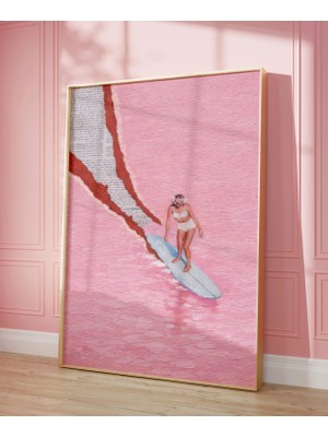 Ninastore Minimalist Kız Çocuk Sörfçü Sanat Baskısı - Dokulu Pembe Yağlı Boya Sörf Duvar Tablosu - Elle