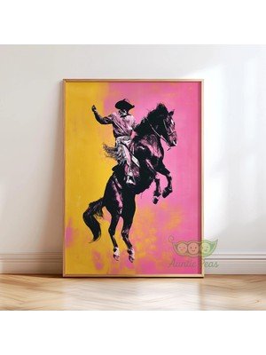 Ninastore Kovboy Atı Duvar Sanatı - Pop Art Batı Posteri - Gerçeküstü At Binme Rodeo Baskısı - Trend Pembe