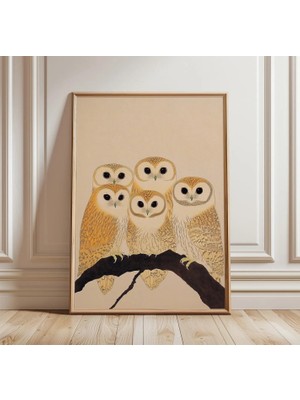 Ninastore Baykuş Ailesi Posteri | Vintage Vahşi Yaşam Duvar Sanatı | Minimalist Doğa Illüstrasyon Baskısı |