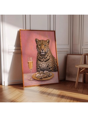 Ninastore Komik Leopar Duvar Sanatı - Şampanya ve Istiridye Baskısı - Pembe Mutfak Dekorasyonu -