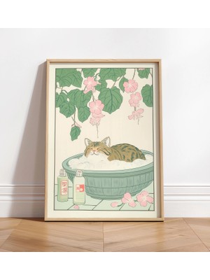 Ninastore Küvet Içinde Tekir Kedi Sanat Baskısı: Ukiyo-E Tarzında Japon Banyo Dekorasyonu