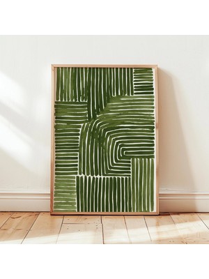 Ninastore Yeşil Soyut Çizgi Sanatı Baskısı - Minimalist Modern Duvar Dekoru - Zeytin Yeşili ve Beyaz