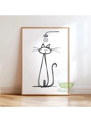 Ninastore Duşta Kedi Duvar Sanatı Baskısı - Komik Banyo Kedi Posteri - Minimalist Çizgi Sanatı Banyo