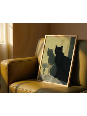 Ninastore Kedi Şampanya Baskısı – Siyah Kedi Yağlı Boya Tablosu – Karanlık Akademi Vintage Kedi Sanatı –