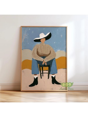 Ninastore Soyut Kovboy Kız Duvar Sanatı - Modern Batı Portresi - Neşeli Kovboy Sanat Eseri - Çağdaş Çöl