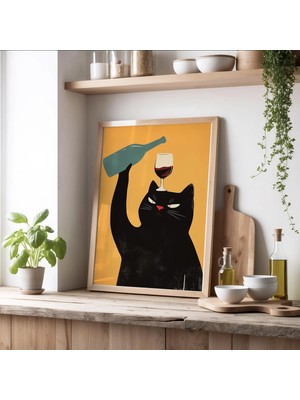 Ninastore Şarap Içen Sevimli Siyah Kedi Duvar Sanatı - Orta Çağ Moderni Kedi Sanatı - Bar Kedisi Dekoru -