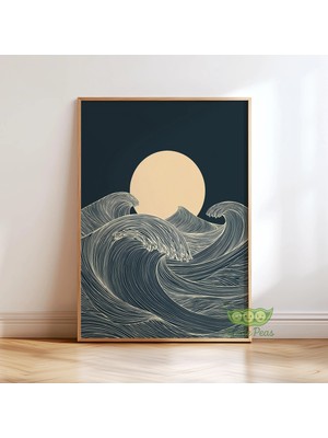 Ninastore Ay ve Dalgalar Duvar Sanatı - Modern Minimalist Okyanus Posteri - Soyut Japon Ay Baskısı - Çağdaş