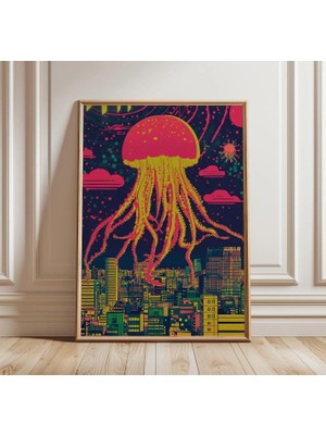 Ninastore Sürreal Denizanası Şehri Posteri | Neon Şehir Fantastik Duvar Sanatı | Fütüristik Şehir Manzarası
