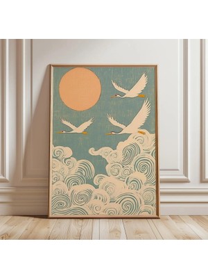 Ninastore Uçan Turnalar Posteri | Japon Güneş Duvar Sanatı | Vintage Asya Kuş Baskısı | Okyanus Dalgaları