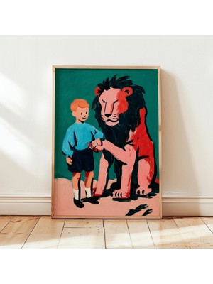 Ninastore Aslan ve Çocuk Duvar Sanatı | Hayvan Dostluğu Posteri | Çocuk Odası Duvar Dekoru | Vintage Tarzı