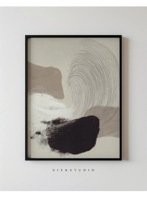 Ninastore Soyut Nötr Sanat Baskısı - Minimalist Bej Siyah Modern Fırça Darbesi Duvar Sanatı - Çağdaş