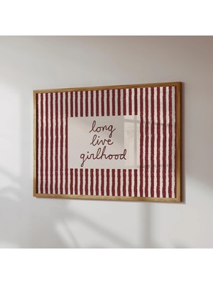 Ninastore Yaşasın Kız Çocukluğu Baskısı - Kırmızı Retro Çizgili Duvar Sanatı - Kız Çocuk Odası Dekorasyonu