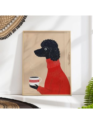 Ninastore Siyah Kaniş Köpek Kahve Orta Çağ Sanat Baskısı - Kırmızı Kazak Retro Hayvan Illüstrasyonu