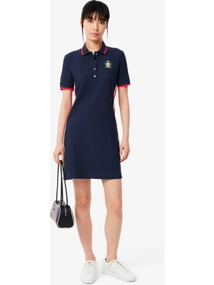 Lacoste Kadın Slim Fit Kısa Kollu Polo Yaka Renk Bloklu Lacivert Elbise