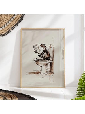 Ninastore Banyoda Kitap Okuyan Kurbağa Baskısı — Tuvaletler Için Eğlenceli Minimalist Çizgi Sanatı