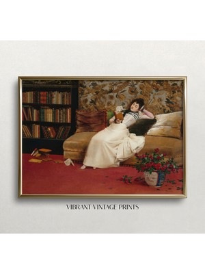 Ninastore Kütüphanede Kitap Okuyan Kadın Temalı Vintage Sanat Baskısı (Baskı)