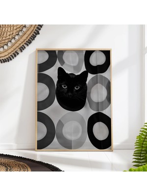 Ninastore Siyah Kedi Banyo Sanat Baskısı: Retro Daireler - Modern Tek Renkli