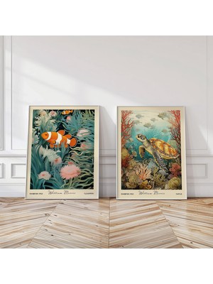 Ninastore William Morris Palyaço Balığı ve Kaplumbağa Baskı Seti: Vintage Okyanus Botanik Duvar Sanatı