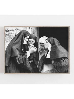 Ninastore Sigara Içen Rahibeler - Siyah Beyaz Sanat - Vintage Duvar Sanatı - Komik Duvar Sanatı - Sigara Içen