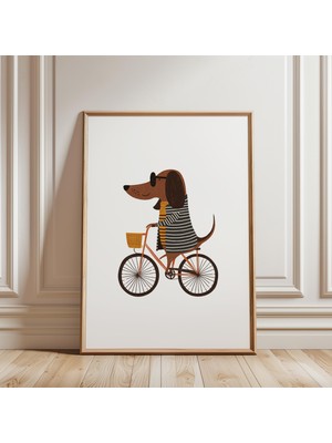 Ninastore Dachshund Bisiklet Baskısı - Çocuk Odası Dekorasyonu - Köpekler - Retro Duvar Sanatı - Kahverengi