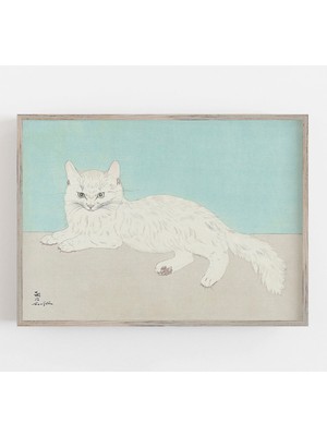 Ninastore Beyaz Kedi Sanatı | Vintage Duvar Sanatı | Asya Duvar Dekoru | Yumuşak Pastel Renkler | Japon Duvar