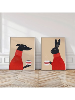 Ninastore Tazı ve Tavşan Temalı Kahve Resim Baskıları (2'li Set) - Eğlenceli Hayvan Figürlü Mutfak Dekorasyonu