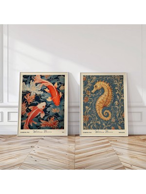 Ninastore Koi ve Denizatı Baskı Seti – William Morris Denizcilik Temalı Botanik Duvar Sanatı – Vintage Kır