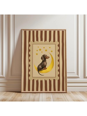 Ninastore Dachshund Ay Baskılı Çocuk Odası Dekorasyonu - Köpekler - Retro Duvar Sanatı - Kahverengi Dekor -