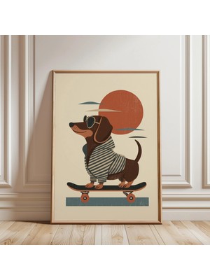 Ninastore Dachshund Kaykay Baskısı - Çocuk Odası Dekorasyonu - Köpekler - Retro Duvar Sanatı - Bej Dekorasyon