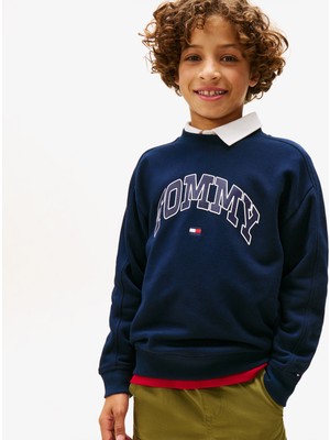 Tommy Hilfiger Varsity Raised Print Çocuk Mavi Sweatshirt