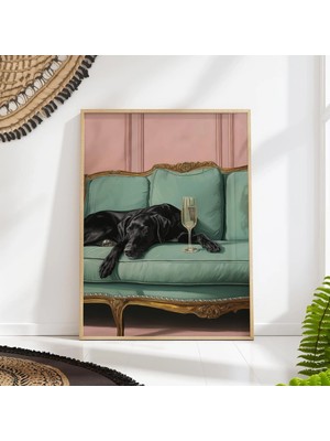 Ninastore Siyah Köpek Sanat Baskısı: Vintage Yeşil Kanepe - Şampanya - Şık Evcil Hayvan Dekorasyonu