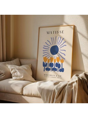 Ninastore Mavi Güneş ve Laleler Duvar Sanatı – Matisse Mavisi Sanat Baskısı | Eğlenceli Modern Soyut Poster |