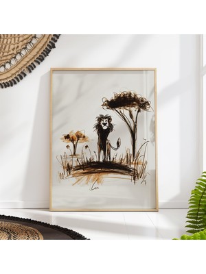 Ninastore Aslan Safarisi Posteri - Sepya Eskiz Savana Sanatı