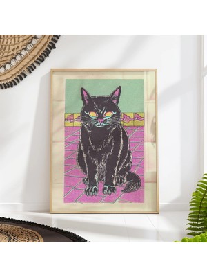 Ninastore Siyah Kedi Pop Art Baskı - Neon Kedi Posteri - Psychedelic Retro Kedi Duvar Dekoru