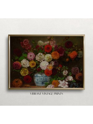Ninastore Vintage Çiçekli Natürmort Sanat Baskısı: Yıldız Çiçekleri - Zinnialar - Ebegümeci (Baskı)